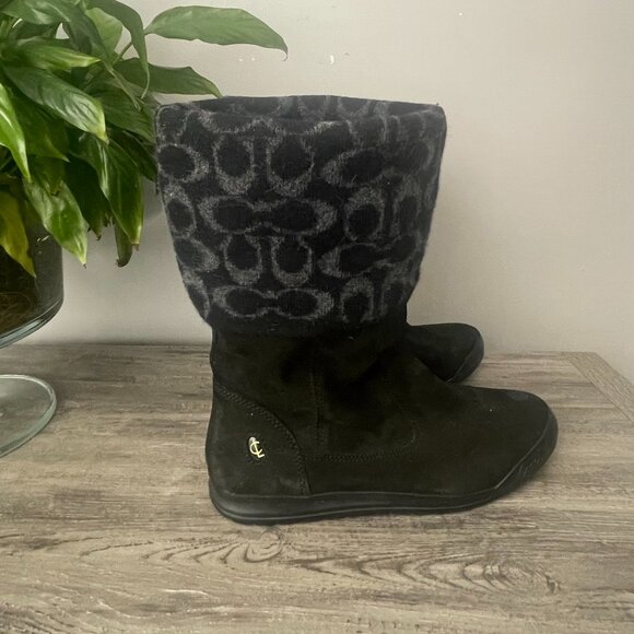 Coach Tatum Black Leather Wool Mid-Calf Boots Women’s 9M | Signature Logo Winter - Picture 1 of 10